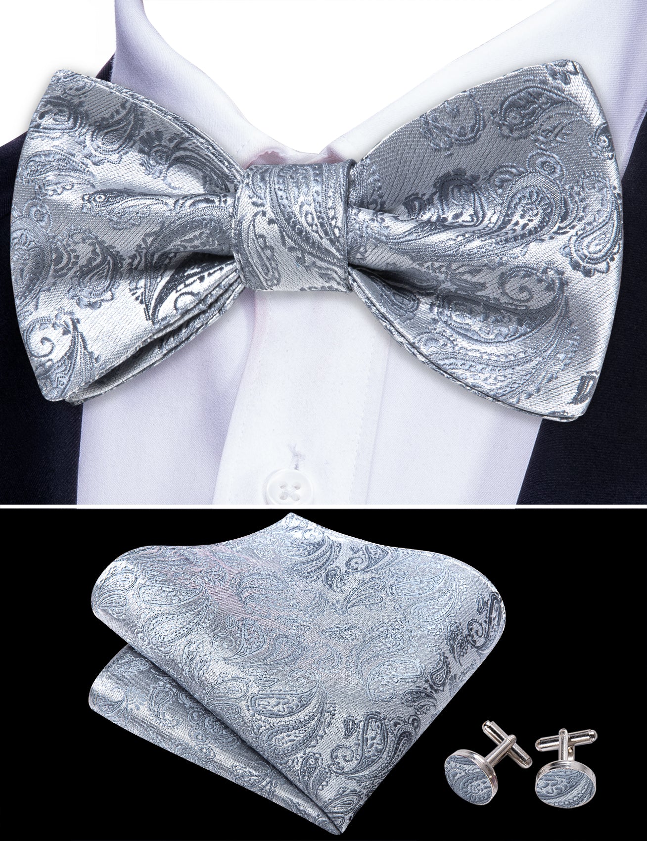 Silver Paisley Men's Bow Tie Set