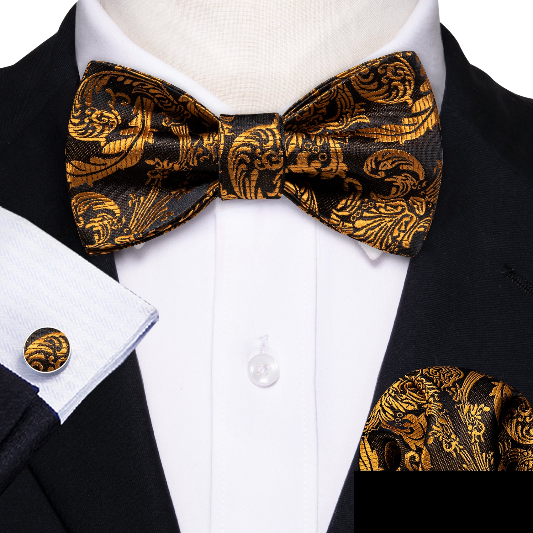 Gold Black Paisley Silk Self Tie Bow Tie Hanky Cufflinks Set