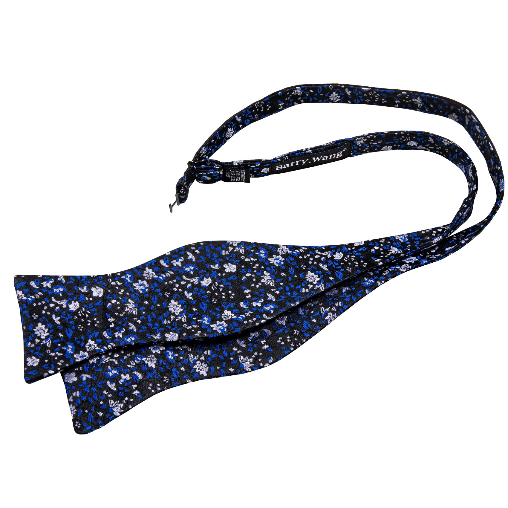 Black Blue Flower Silk Self Tie Bow Tie Hanky Cufflinks Set