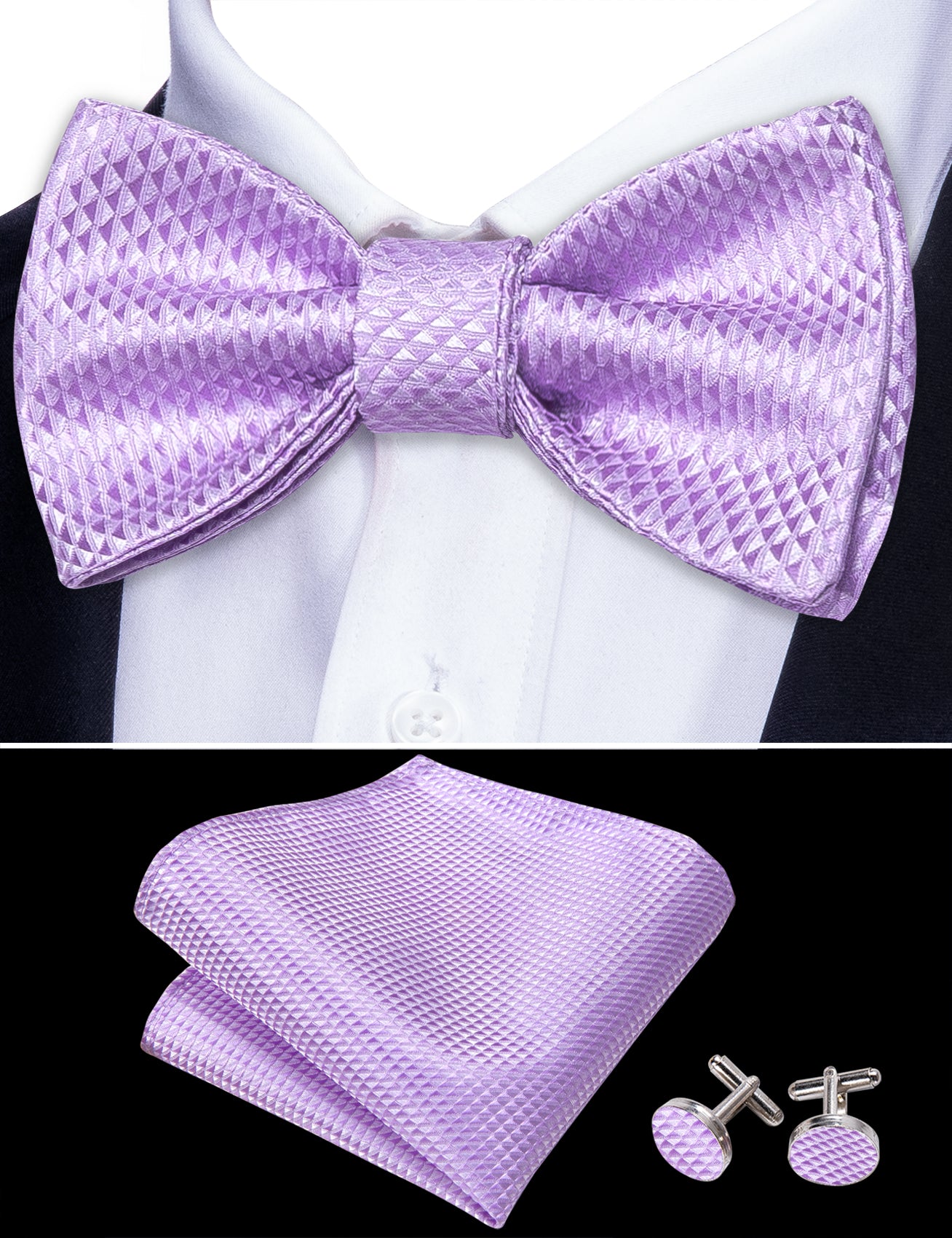 Purple Solid Silk Self Tie Bow Tie Hanky Cufflinks Set