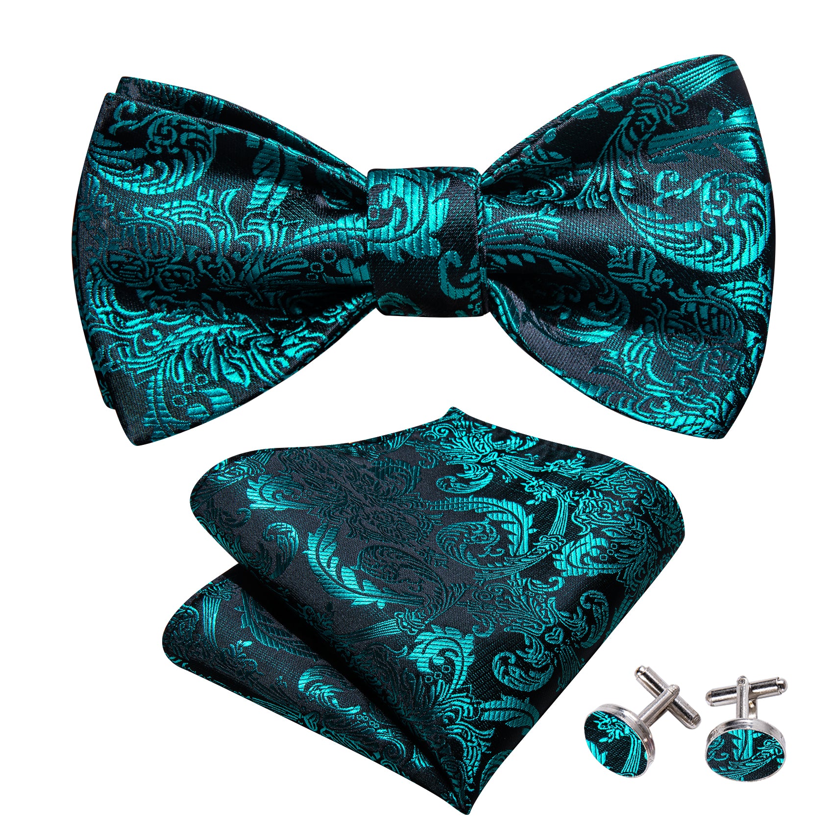 Blue Black Paisley Silk Self Tie Bow Tie Hanky Cufflinks Set