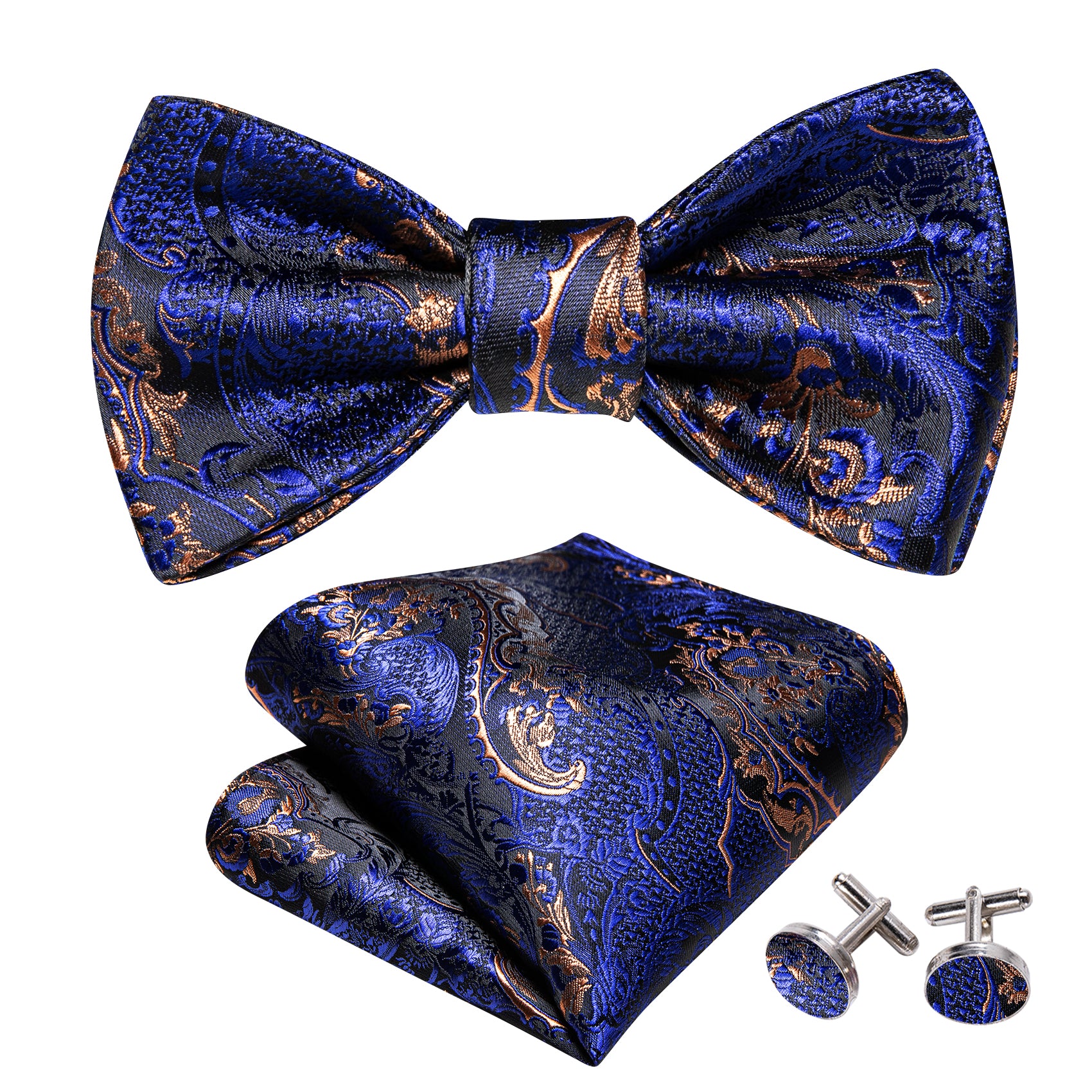 Blue Brown Paisley Silk Self Tie Bow Tie Hanky Cufflinks Set