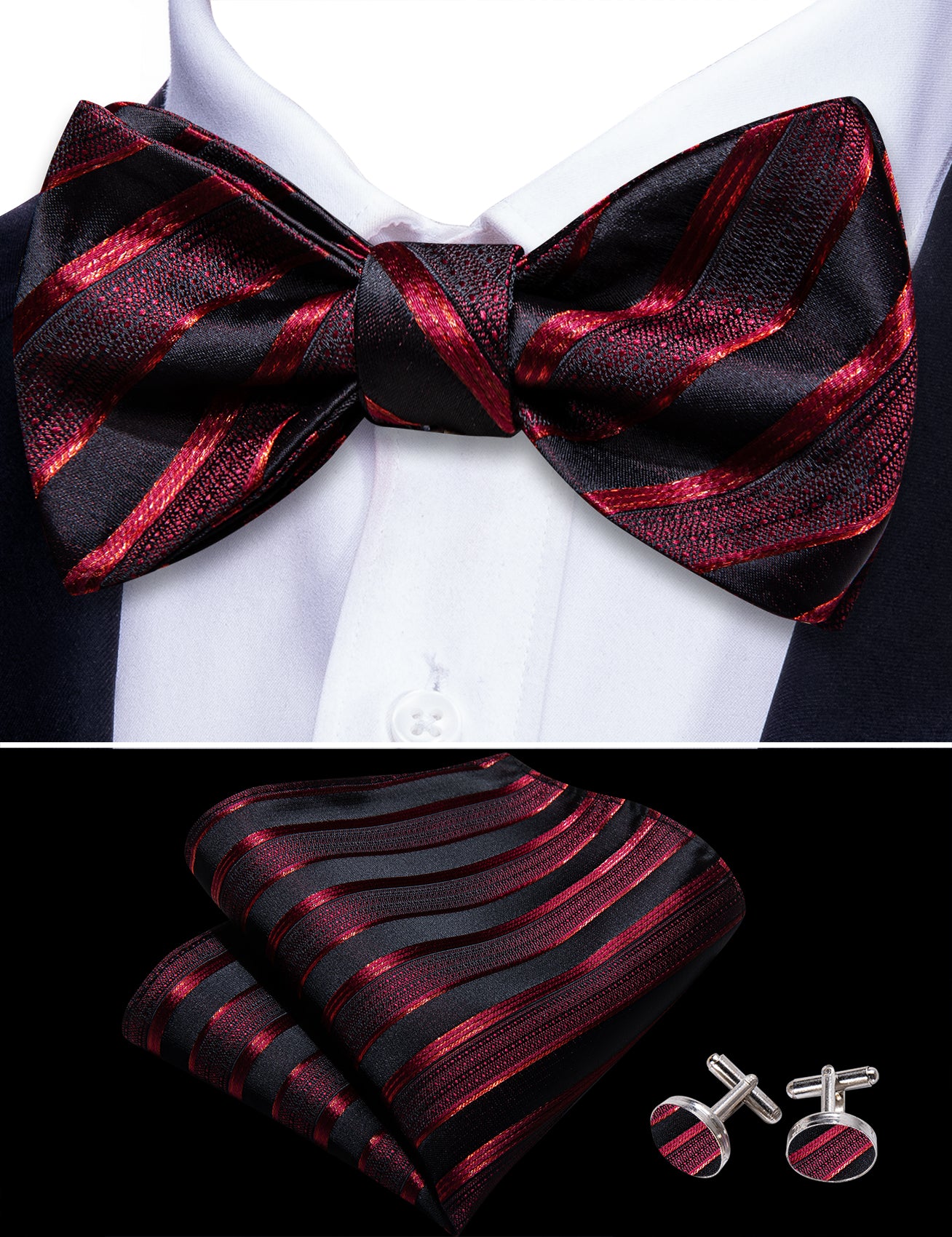 Claret Red Black Striped Silk Self Bow Tie Hanky Cufflinks Set