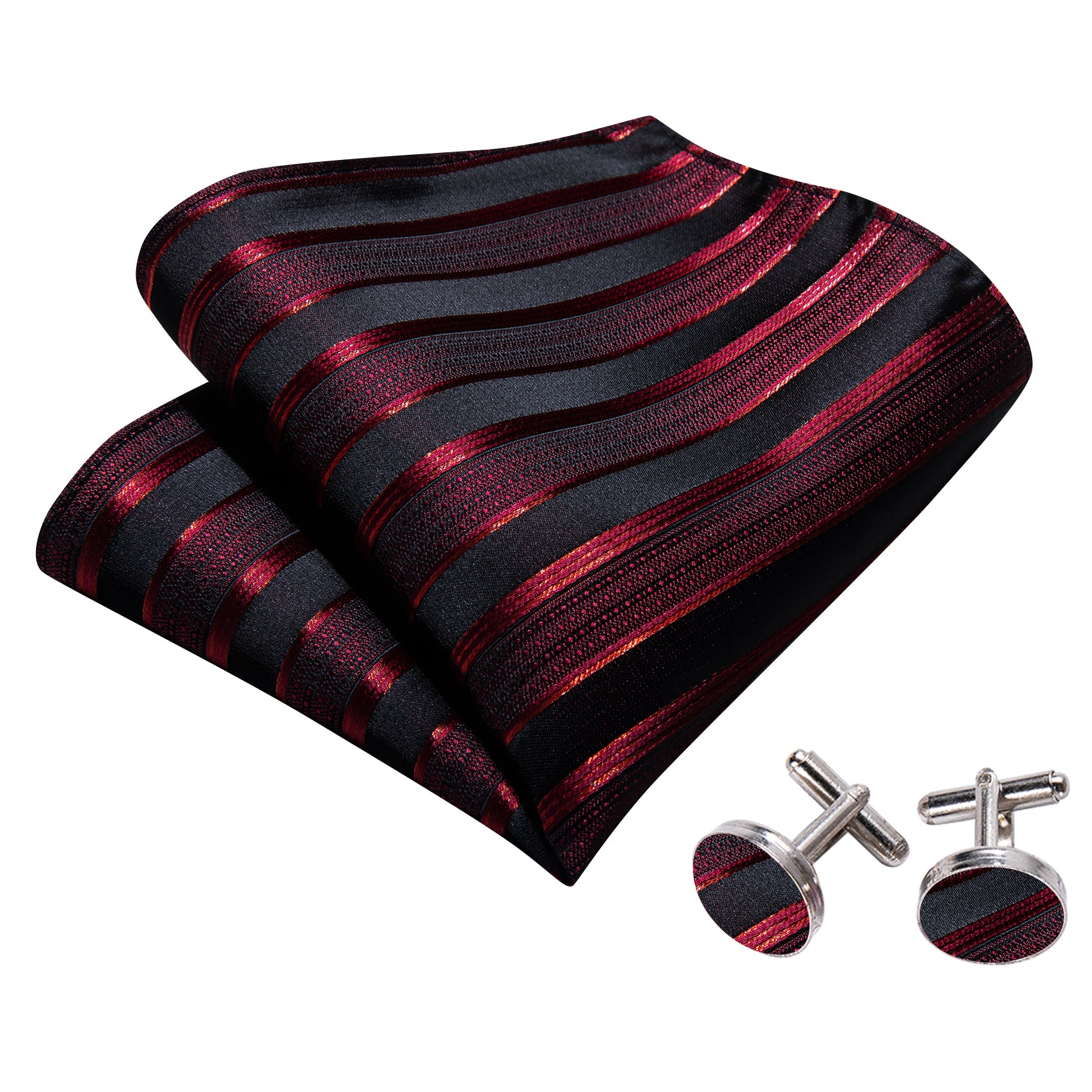 Claret Red Black Striped Silk Self Bow Tie Hanky Cufflinks Set