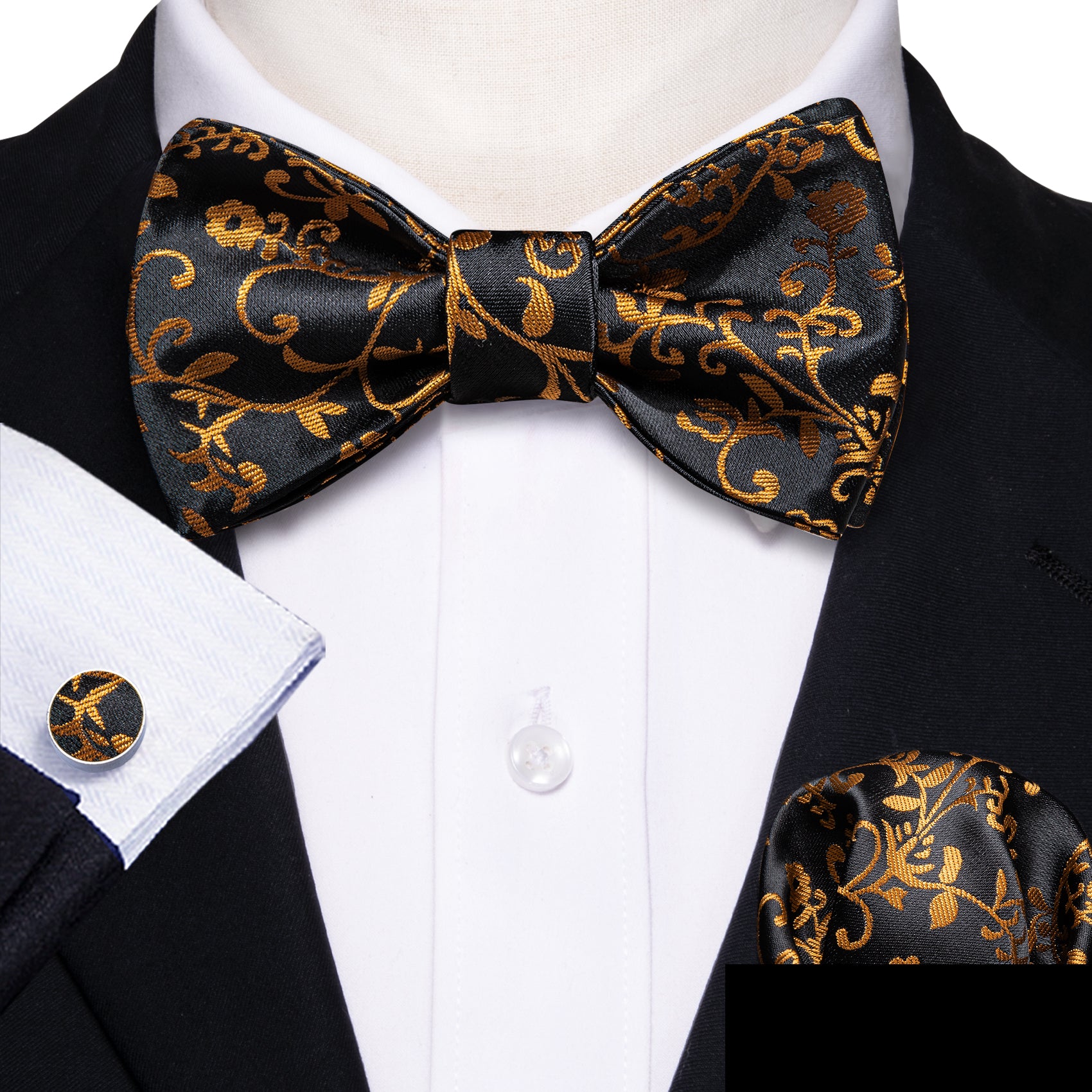 Black Gold Floral Silk Self tie Bow Tie Hanky Cufflinks Set