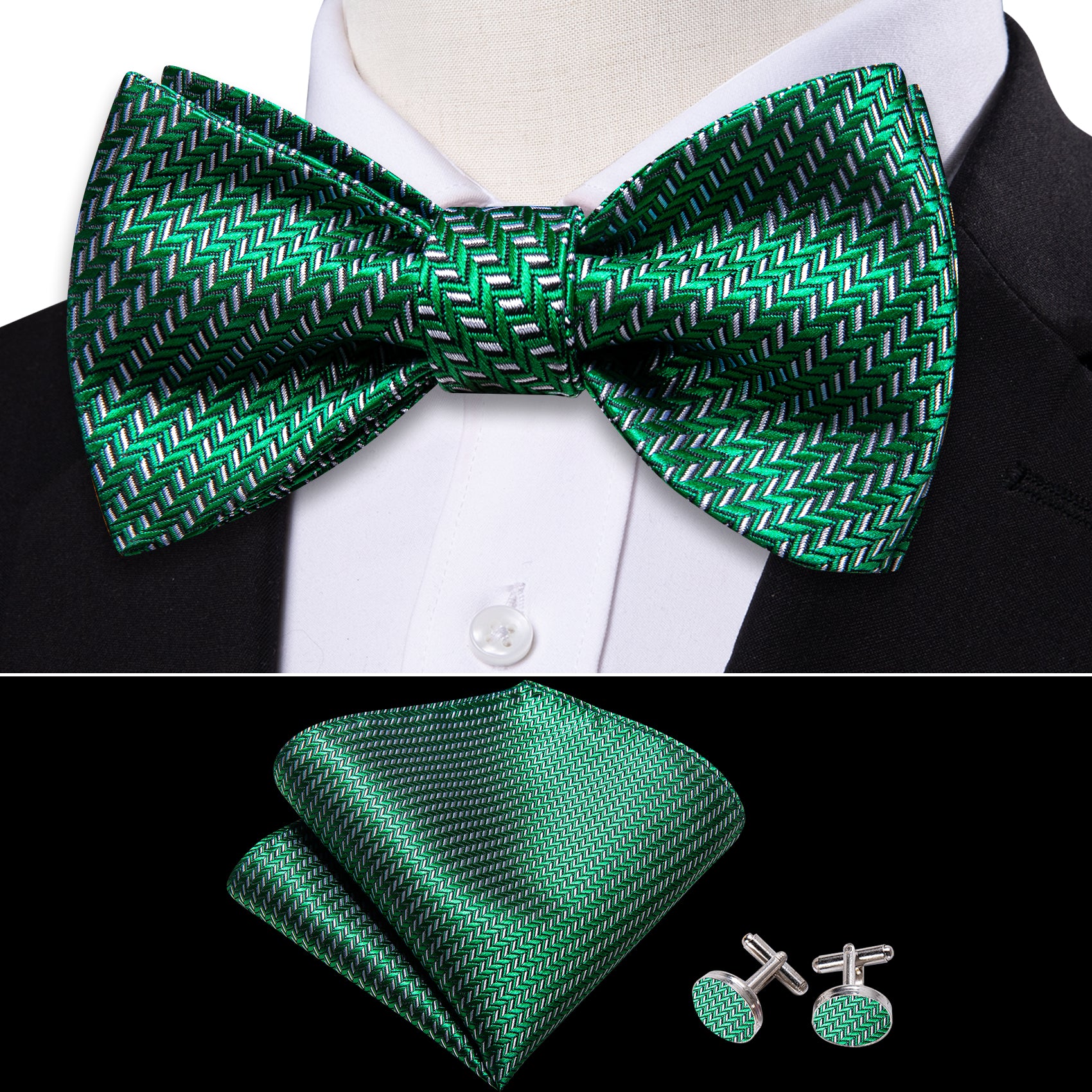 Green White Striped Silk Self Tie Bow Tie Hanky Cufflinks Set
