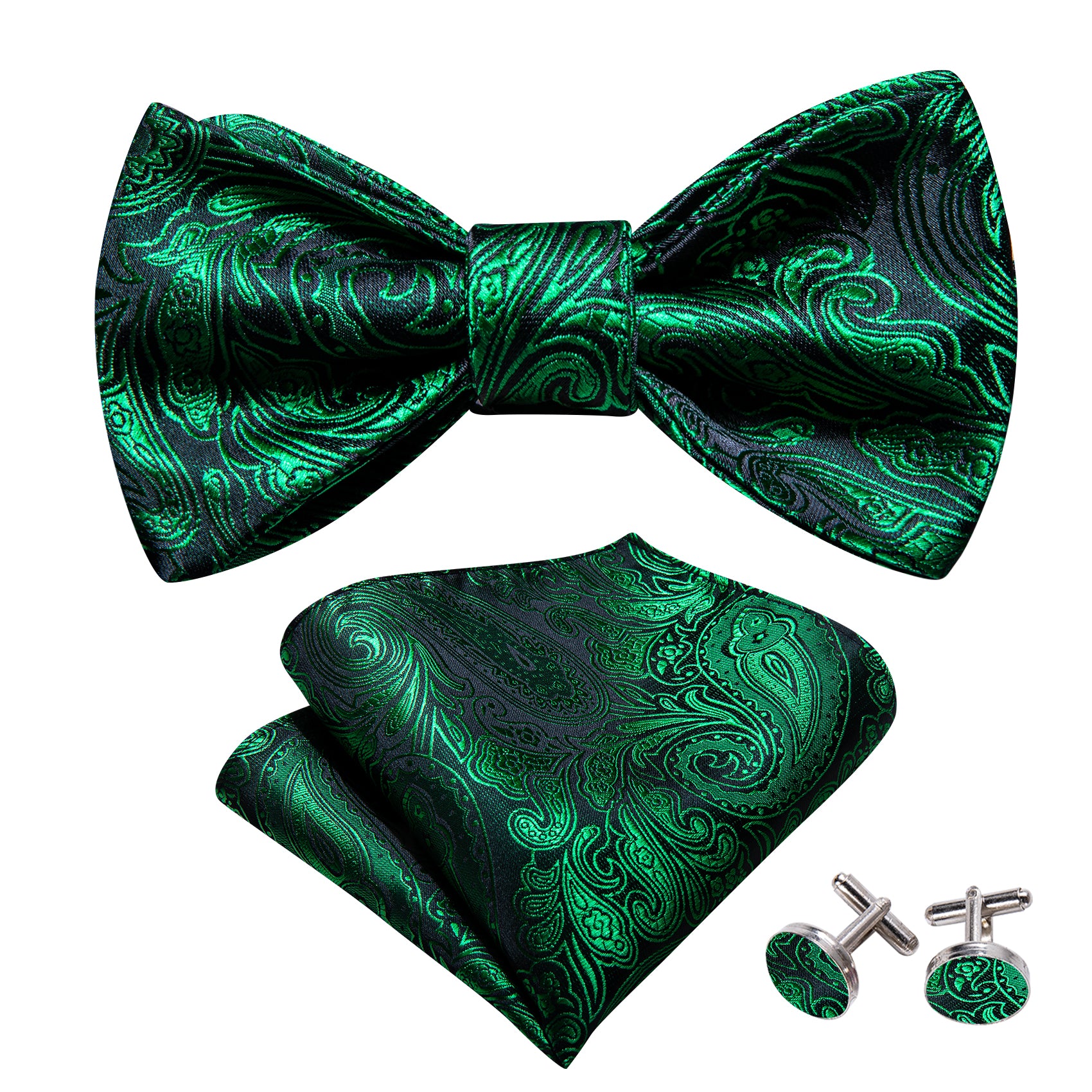 Olive Green Paisley Silk Bow Tie Hanky Cufflinks Set