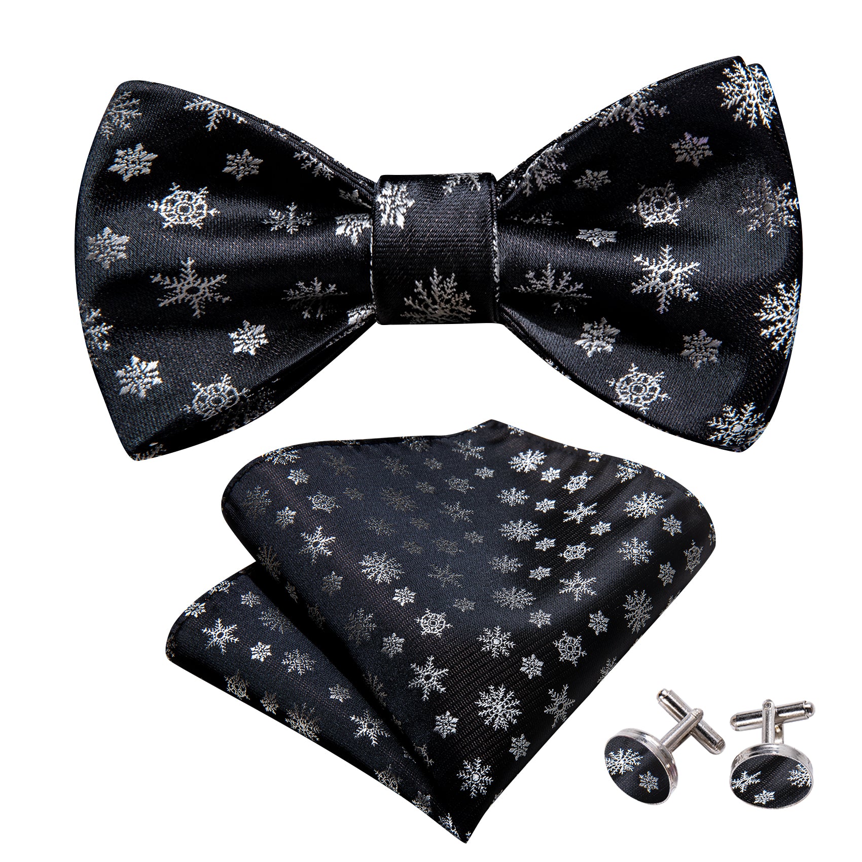 Christmas Black White Snowflake Silk Self Tie Bow Tie Hanky Cufflinks Set
