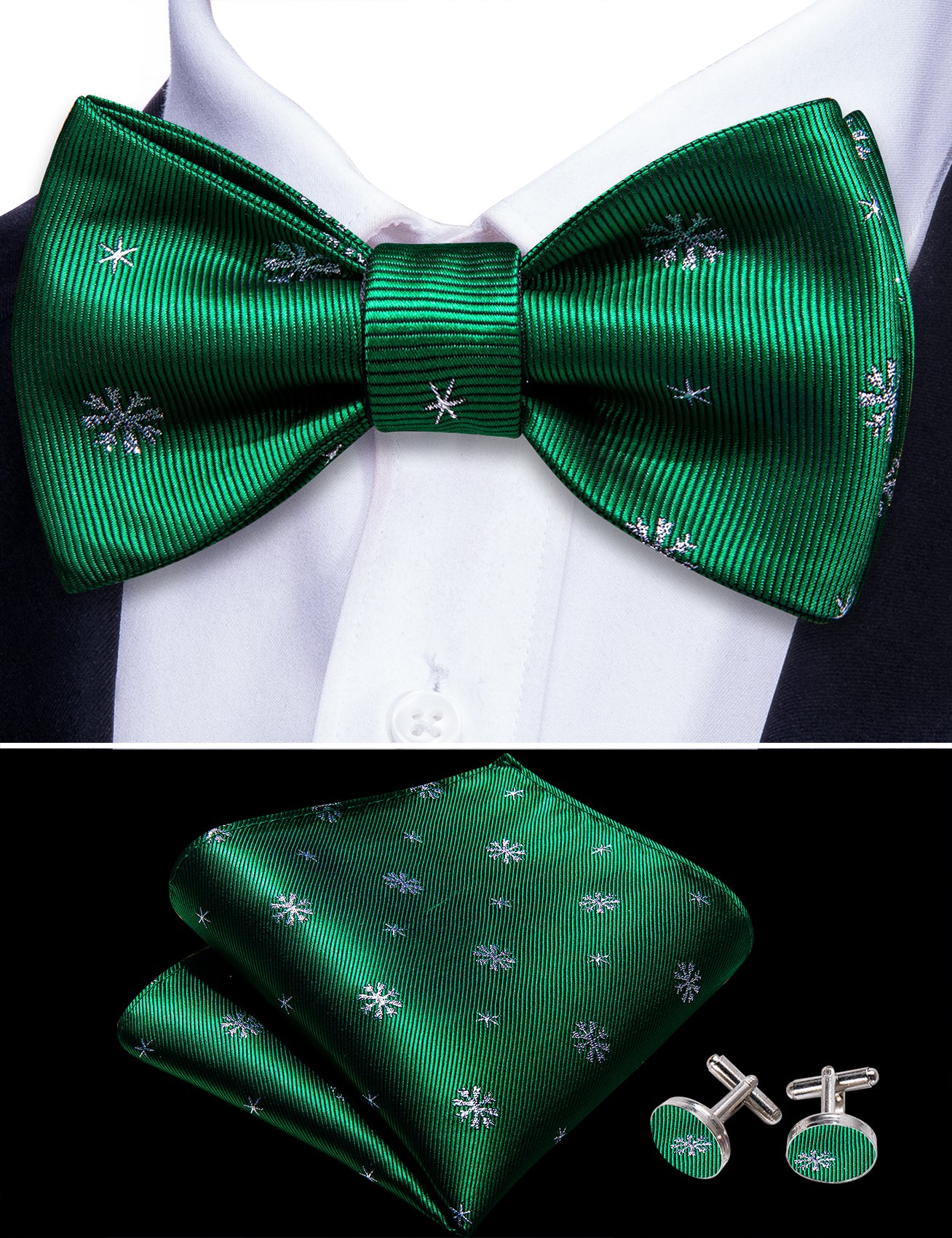 Christmas Green White Snowflake Silk Self Tie Bow Tie Hanky Cufflinks Set