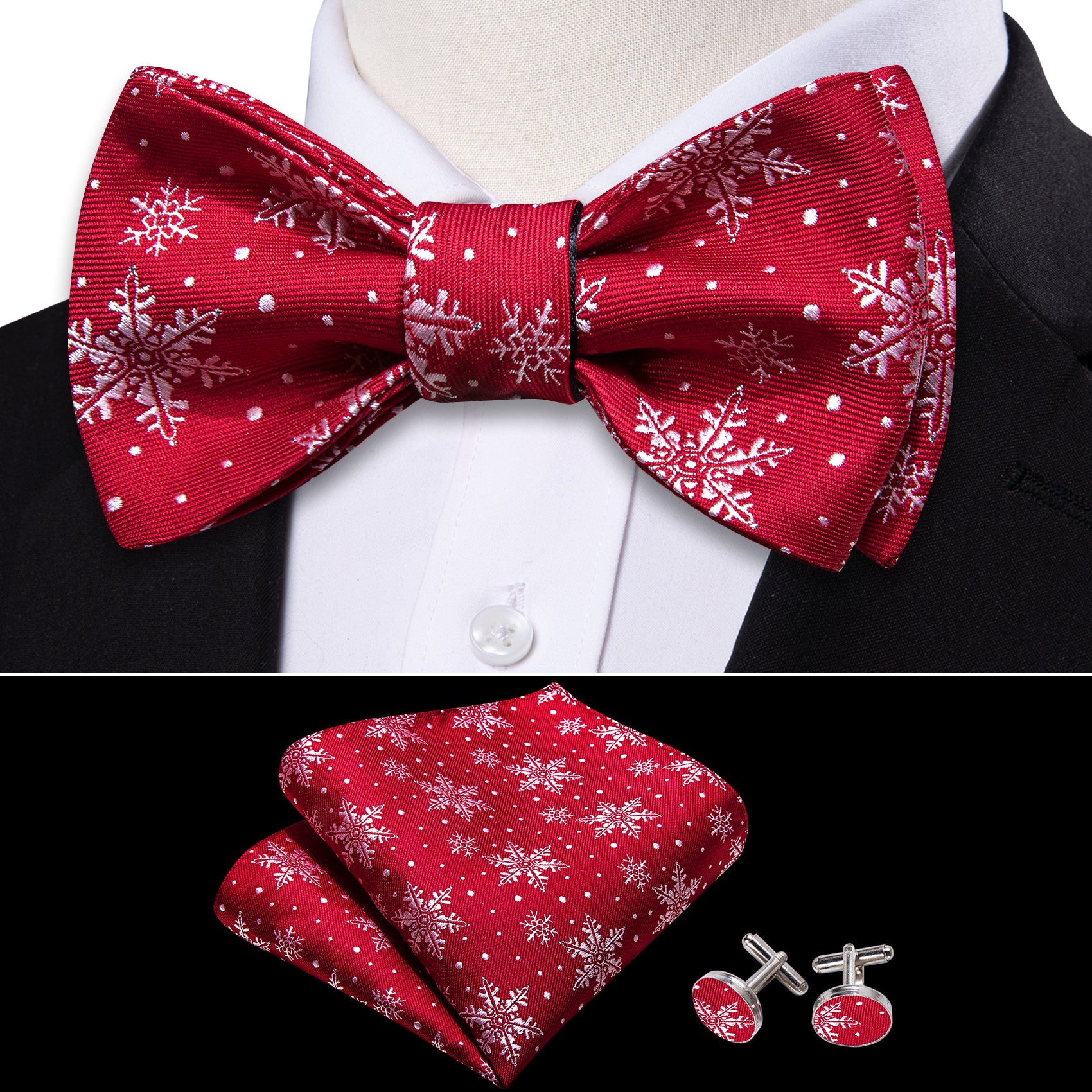 Christmas Fashion Red White Snowflake Silk Tie Bow Tie Hanky Cufflinks Set