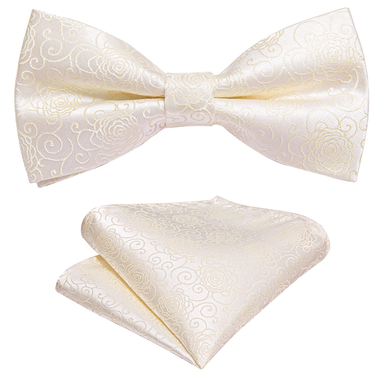 Children White Floral Silk Pre-tied Bow Tie Pocket Square Set