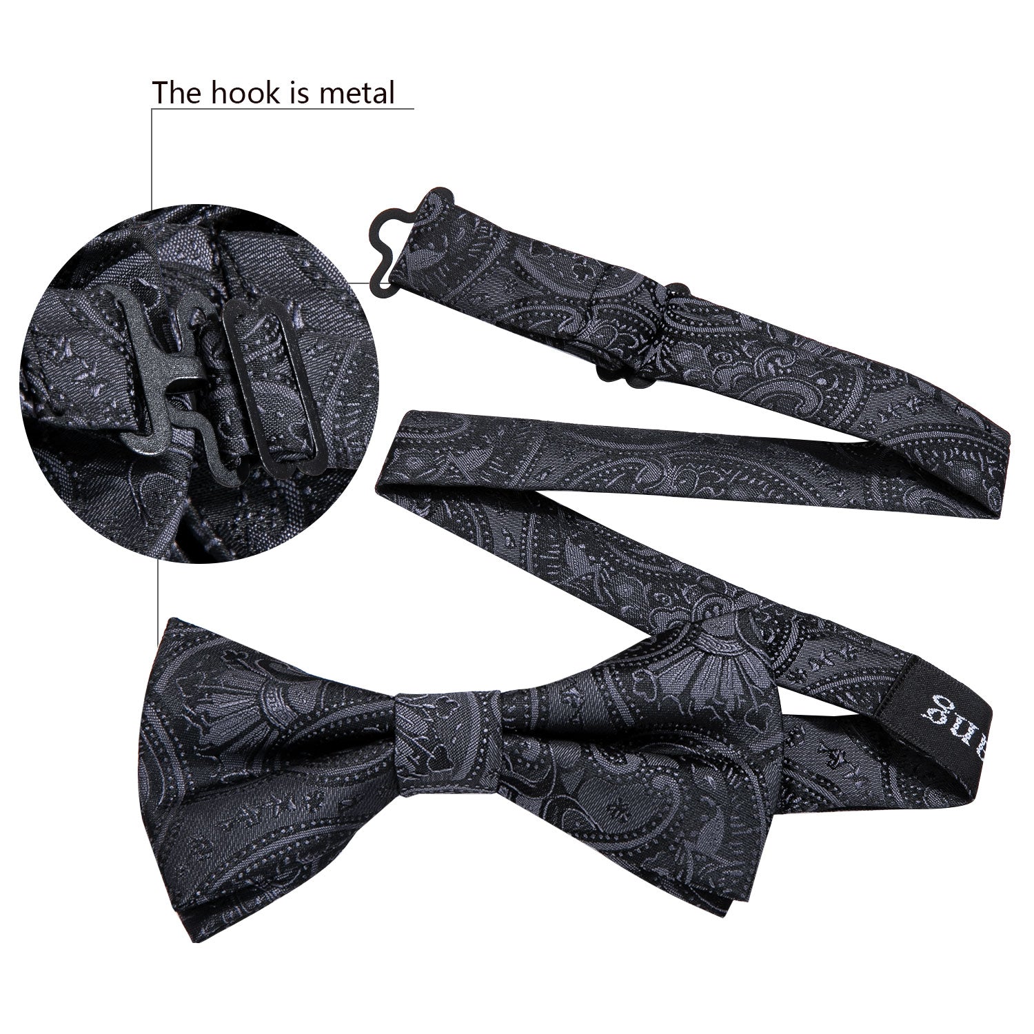 Children Black Paisley Silk Pre-tied Bow Tie Pocket Square Set