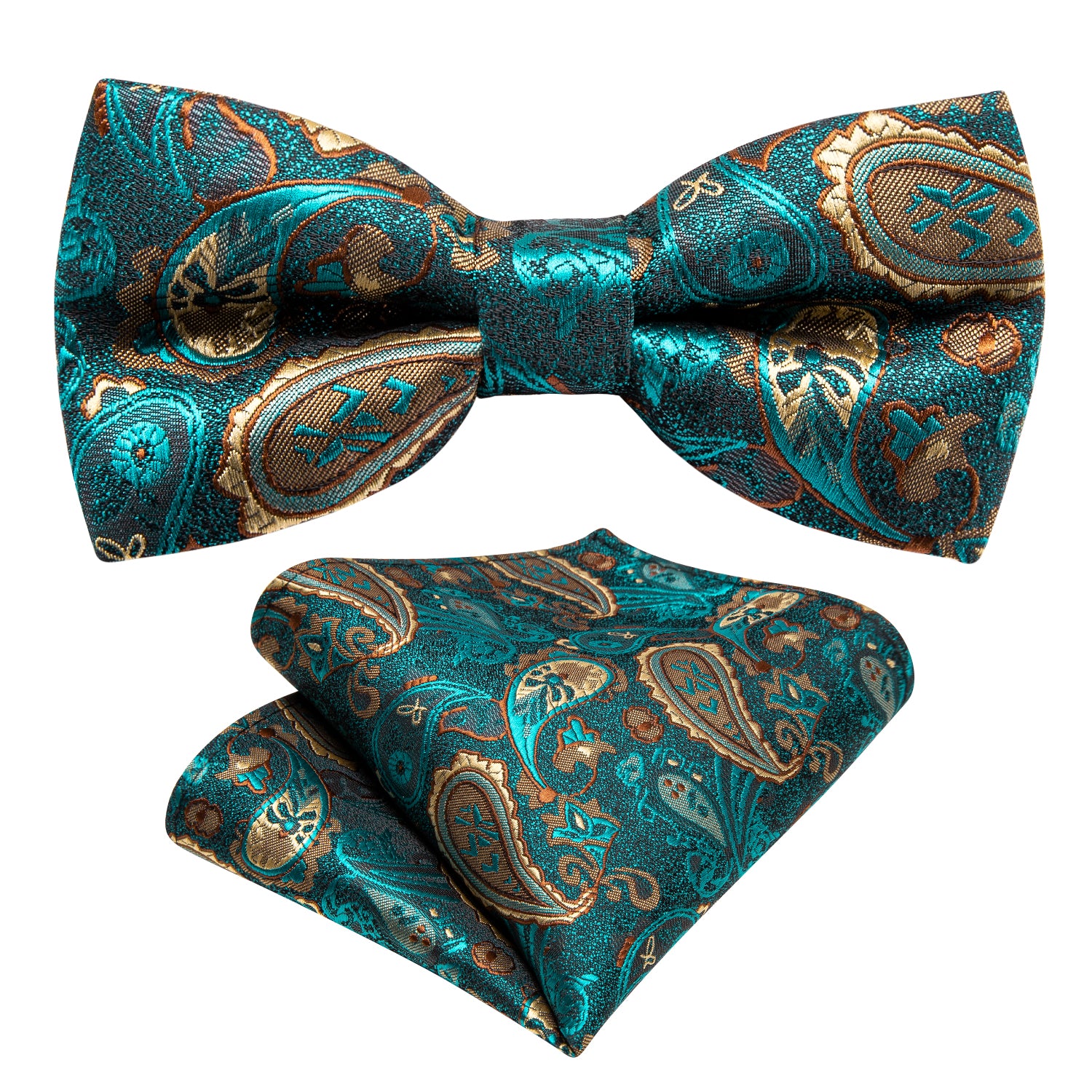 Children Teal Blue Paisley Silk Pre-tied Bow Tie Pocket Square Set
