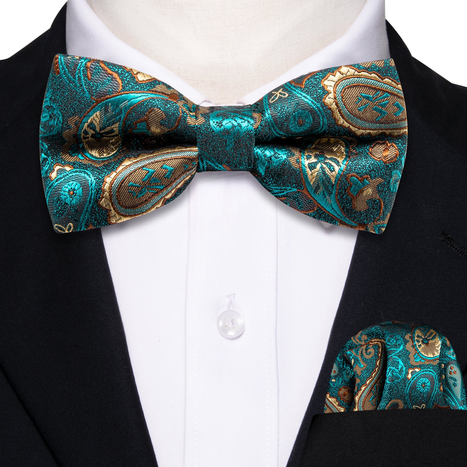 Children Teal Blue Paisley Silk Pre-tied Bow Tie Pocket Square Set