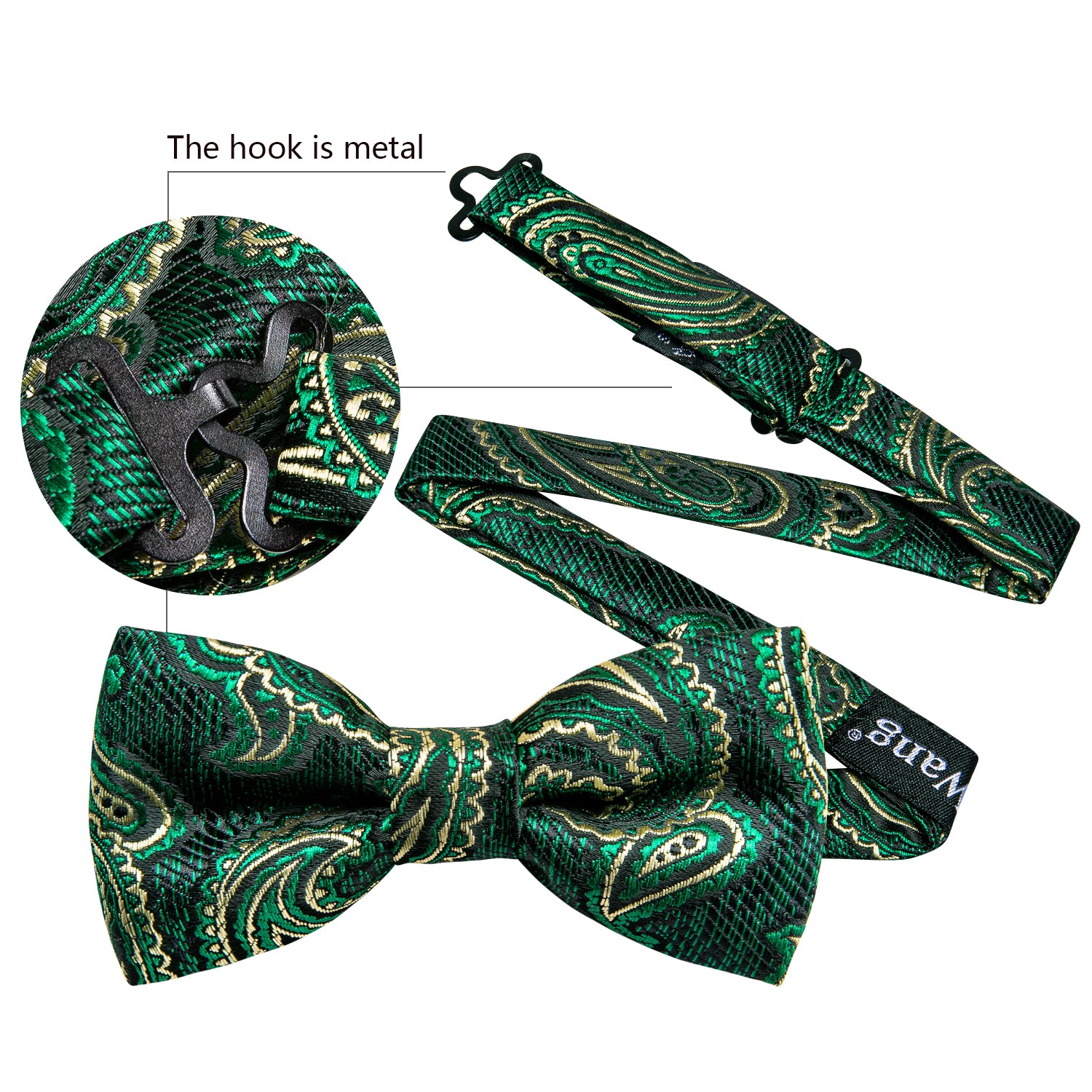 Children Green Paisley Silk Pre-tied Bow Tie Pocket Square Set