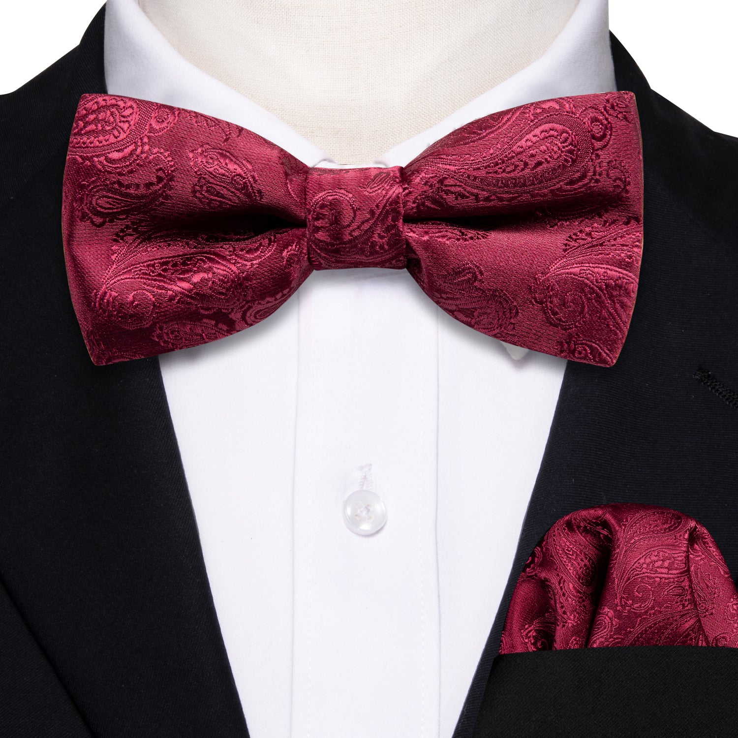 Children Red Paisley Silk Pre-tied Bow Tie Pocket Square Set