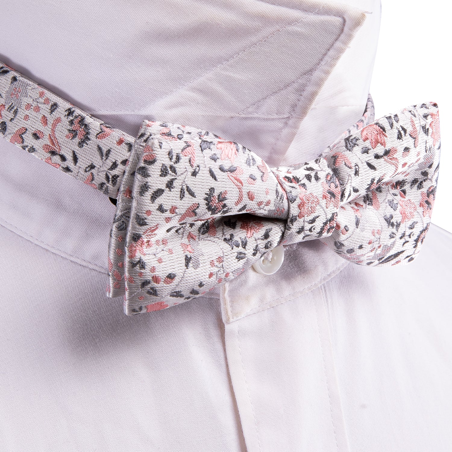 Children White Pink Floral Silk Pre-tied Bow Tie Pocket Square Set