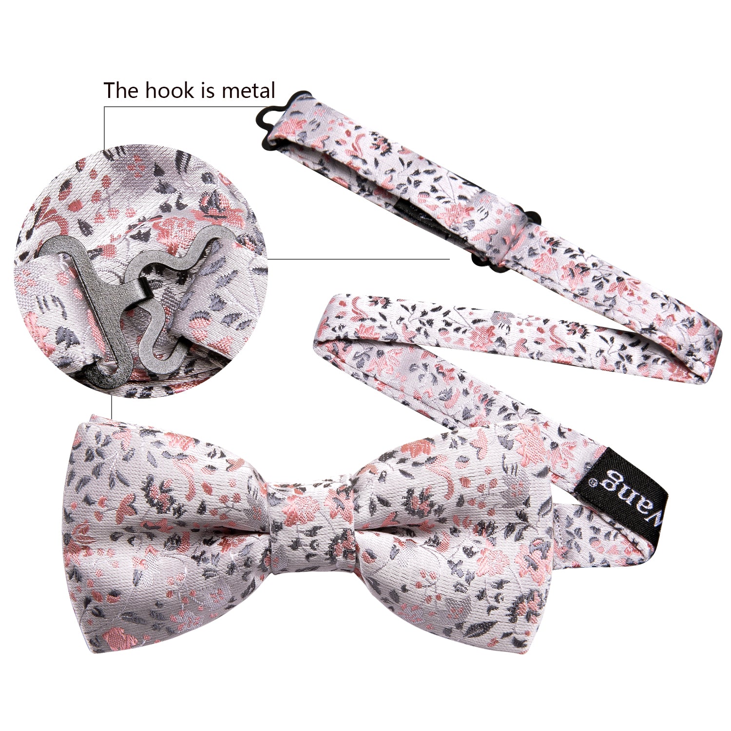 Children White Pink Floral Silk Pre-tied Bow Tie Pocket Square Set