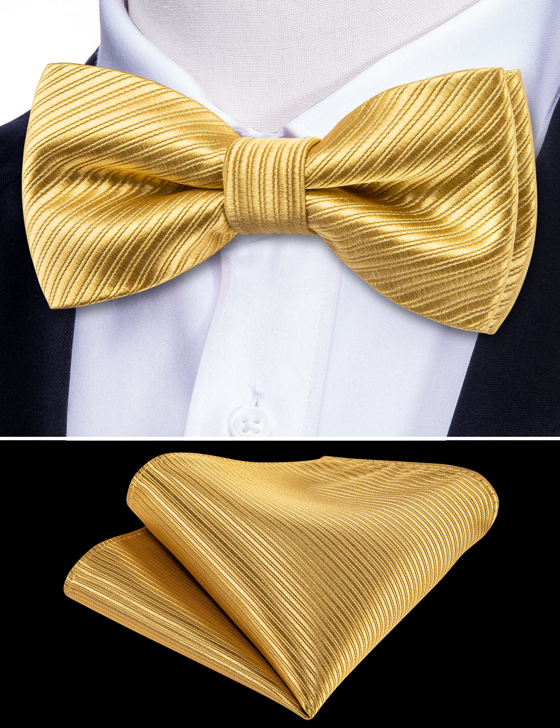 Children Yellow Striped Silk Pre-tied Bow Tie Pocket Square Set