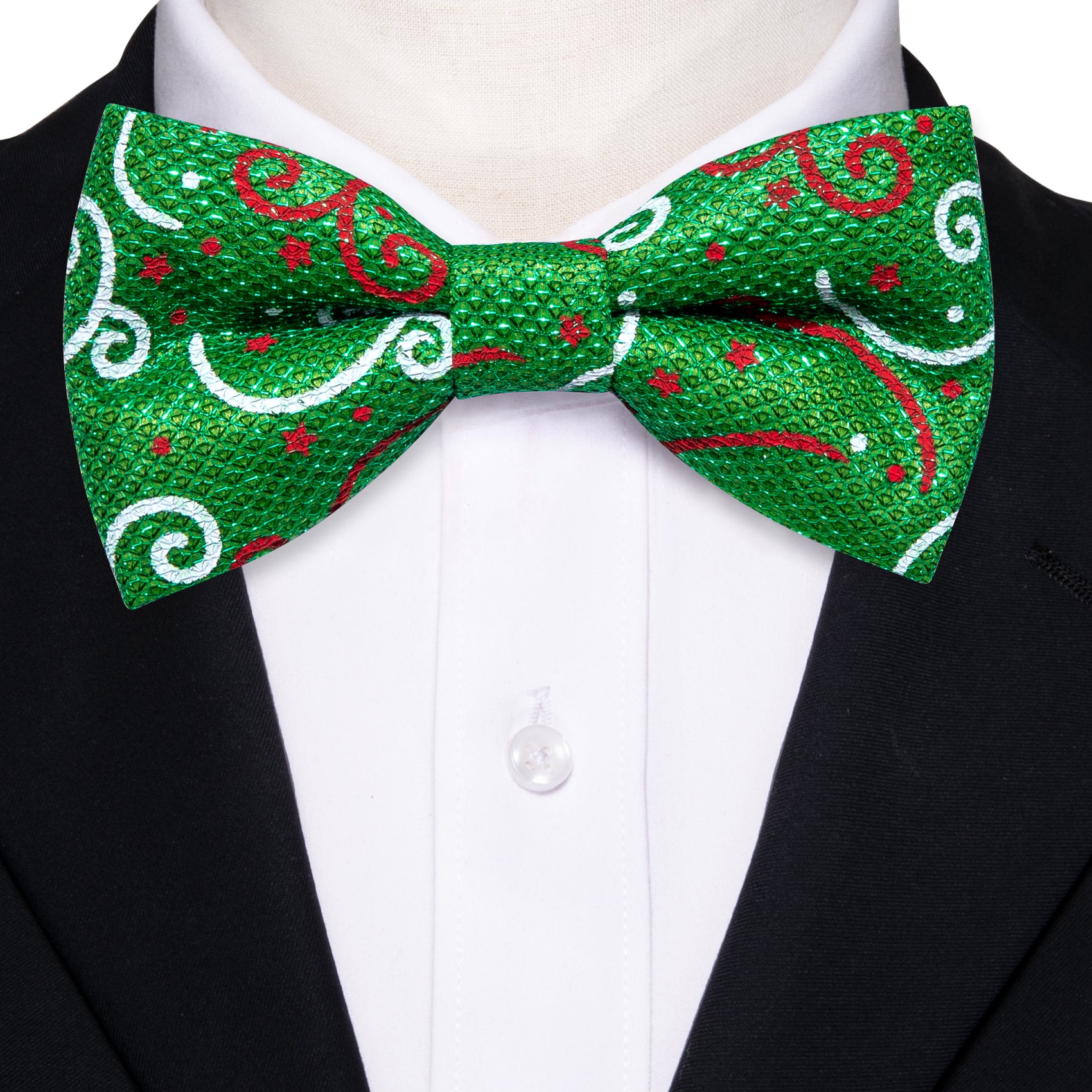 Christmas Green White Floral Silk Pre-tied Bow Tie