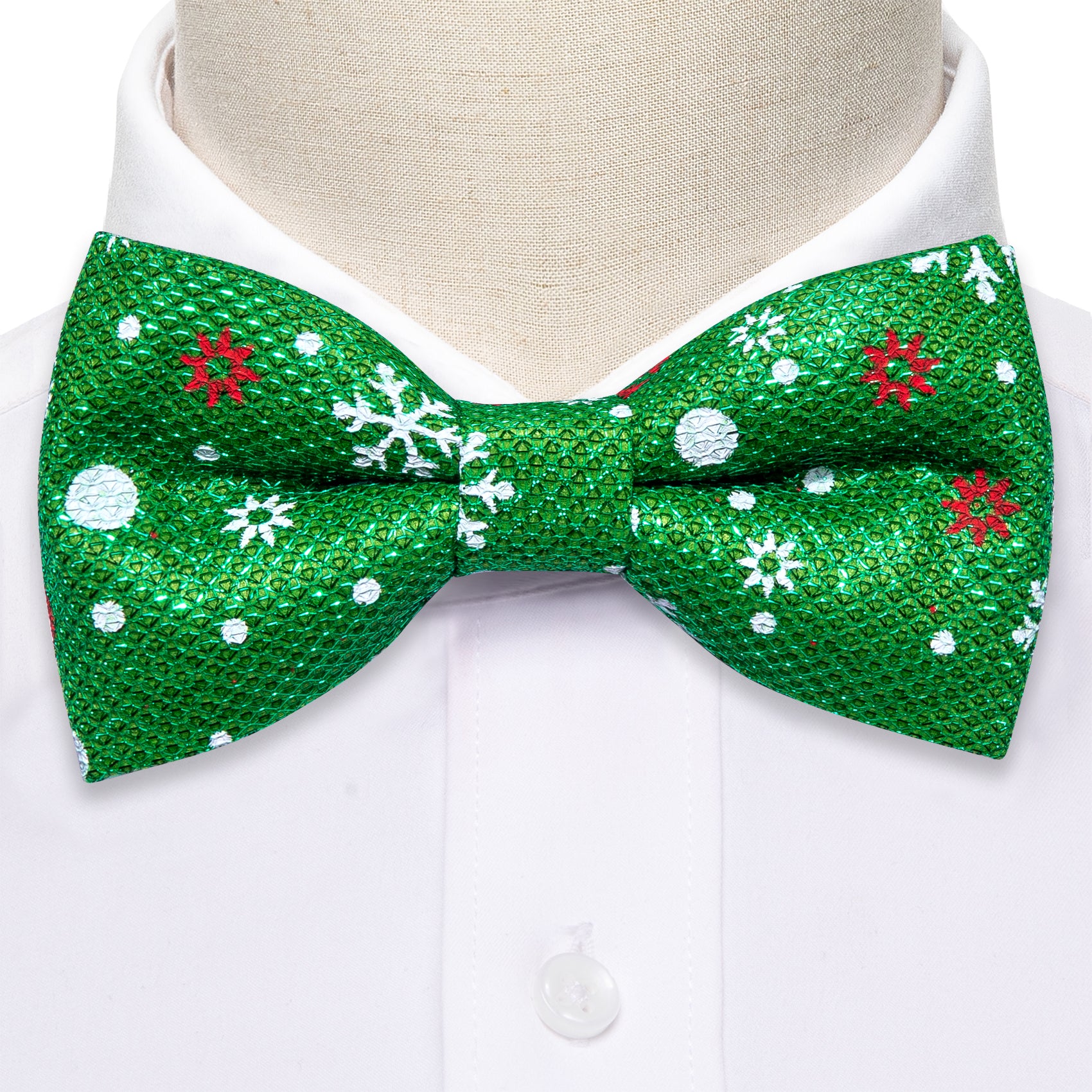 Green White Printed Christmas Element Silk Pre-tied Bow Tie
