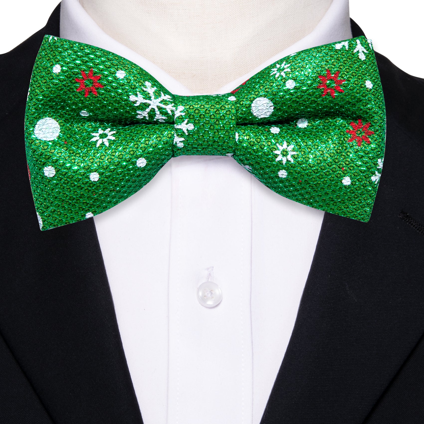 Green White Printed Christmas Element Silk Pre-tied Bow Tie
