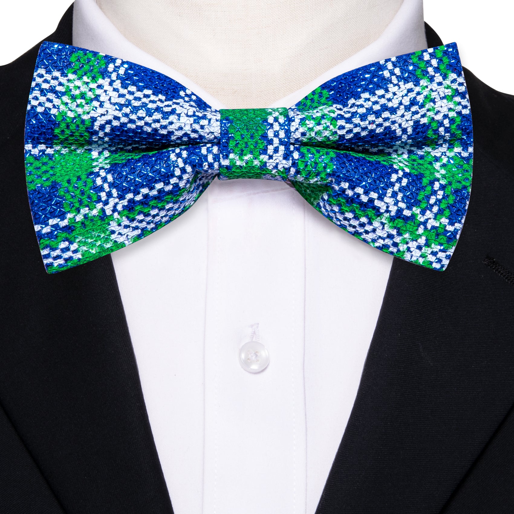 Christmas Blue Green Plaid Silk Pre-tied Bow Tie