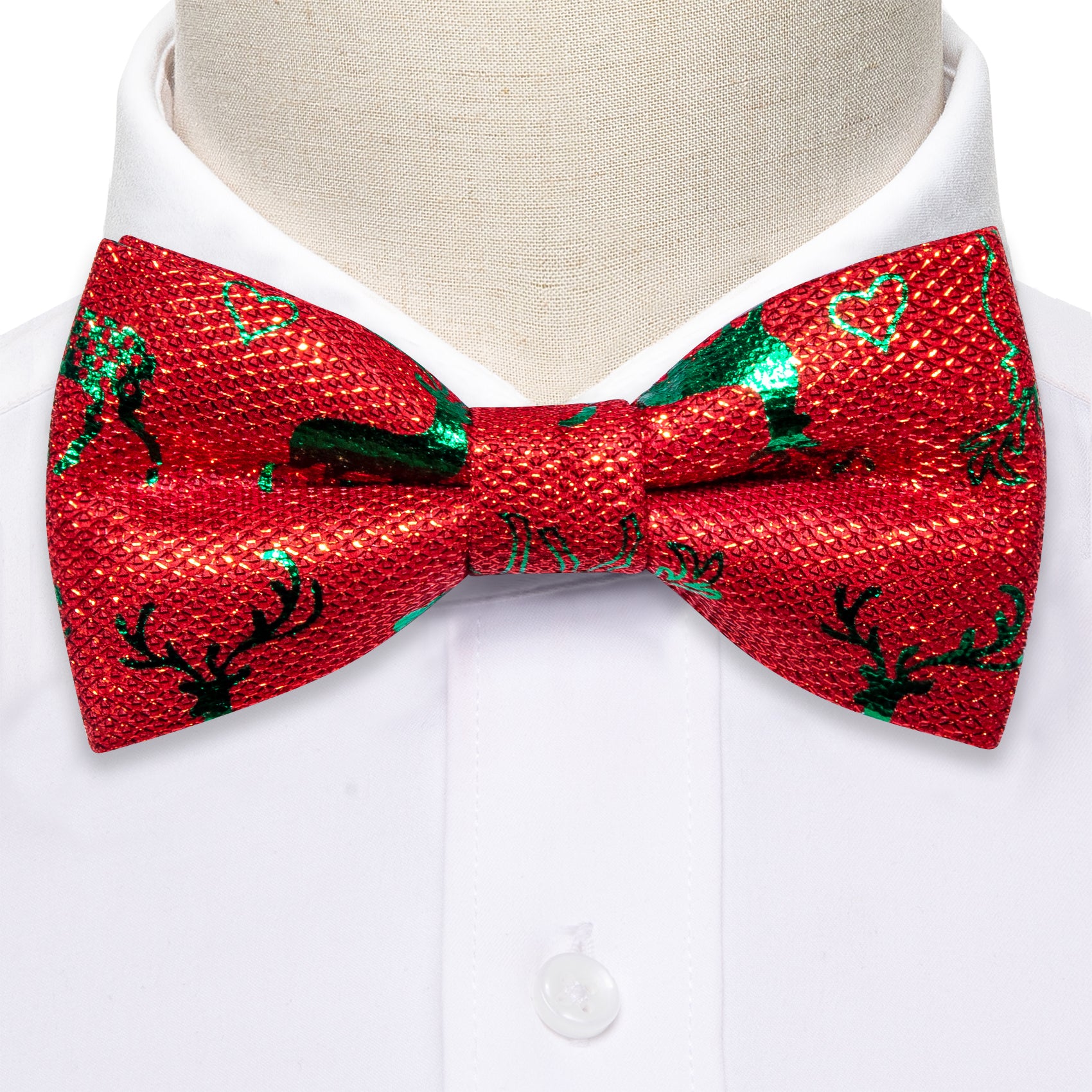 Barry.wang Christmas Tie Bright Red Green Elk Silk Pre-tied Bow Tie
