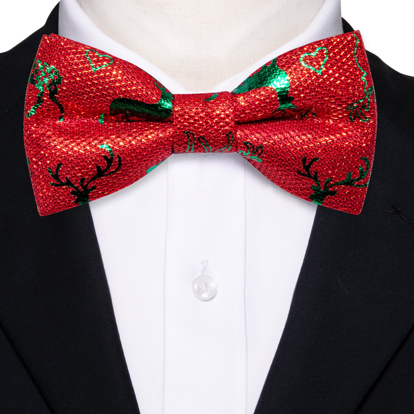 Christmas Tie Bright Red Green Elk Silk Pre-tied Bow Tie