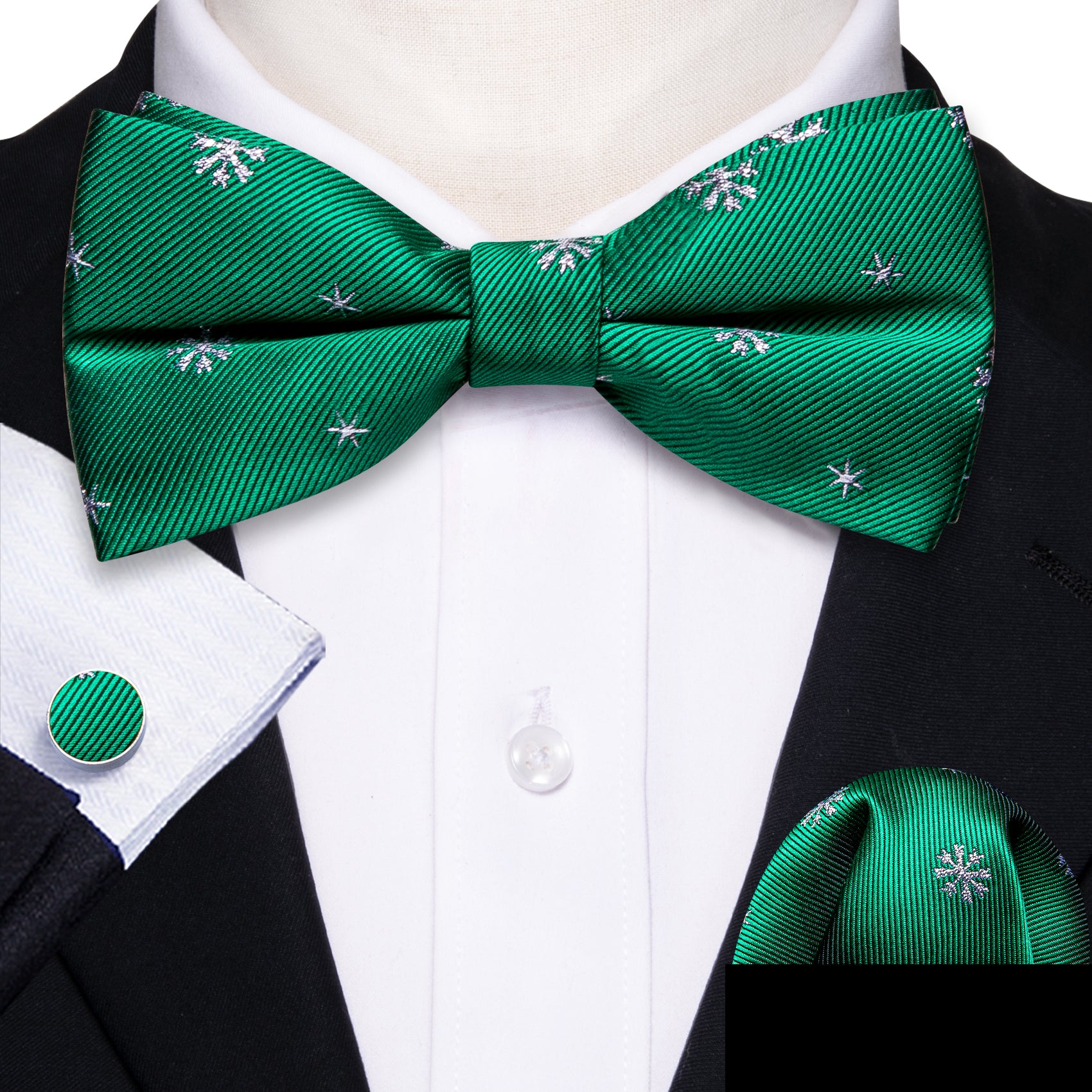 Christmas Green White Snowflake Silk Pre-tied Bow Tie Hanky Cufflinks Set