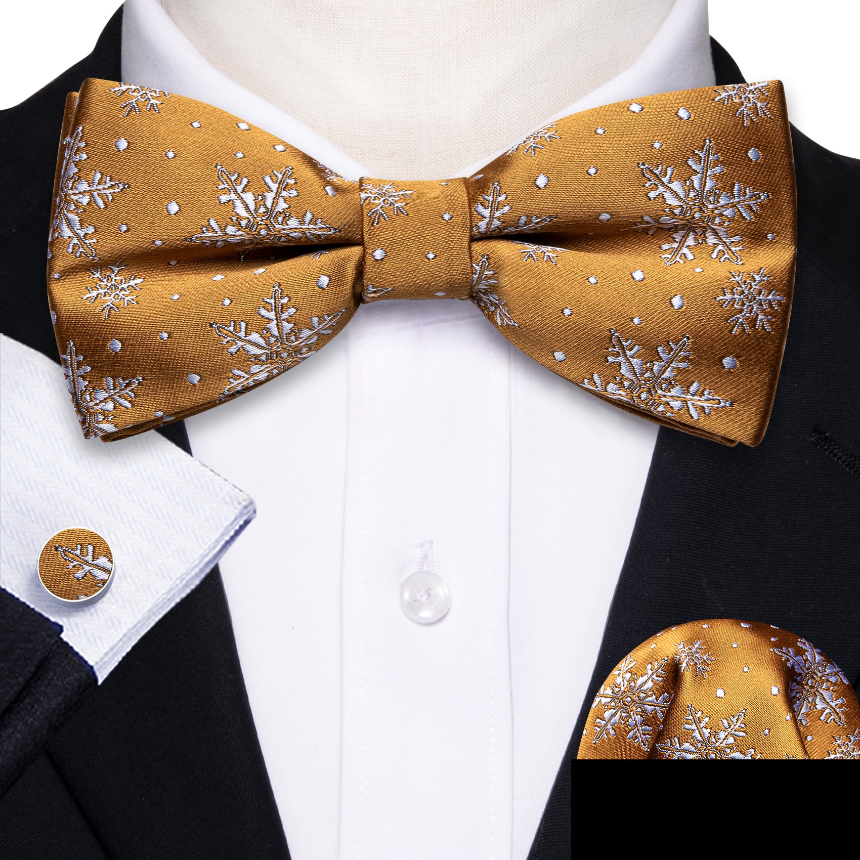 Christmas Yellow White Snowflake Silk Pre-tied Bow Tie Hanky Cufflinks Set
