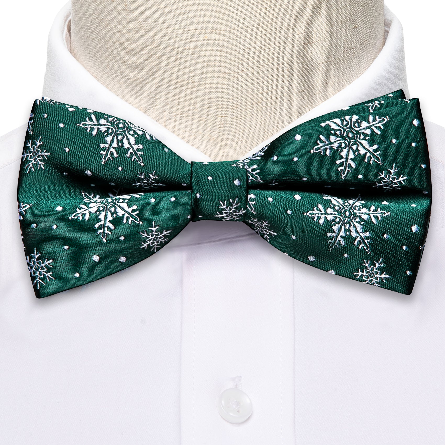 Christmas Deep Green White Snowflake Silk Pre-tied Bow Tie Hanky Cufflinks Set