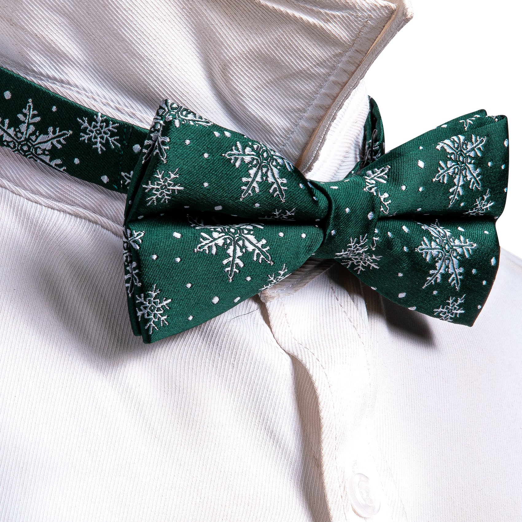 Christmas Deep Green White Snowflake Silk Pre-tied Bow Tie Hanky Cufflinks Set