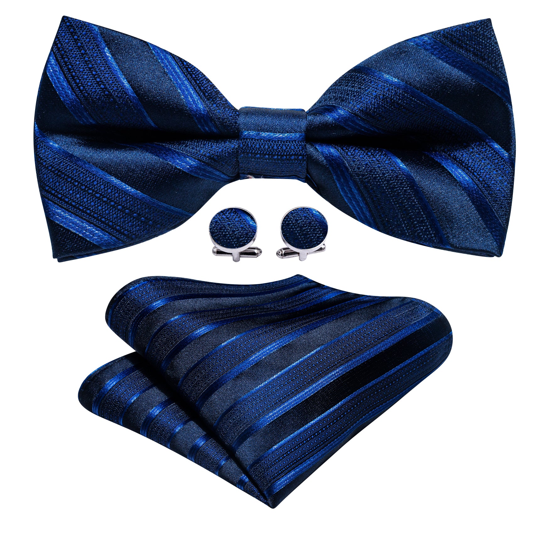 Blue Black Striped Silk Pre-tied Bow Tie Hanky Cufflinks Set