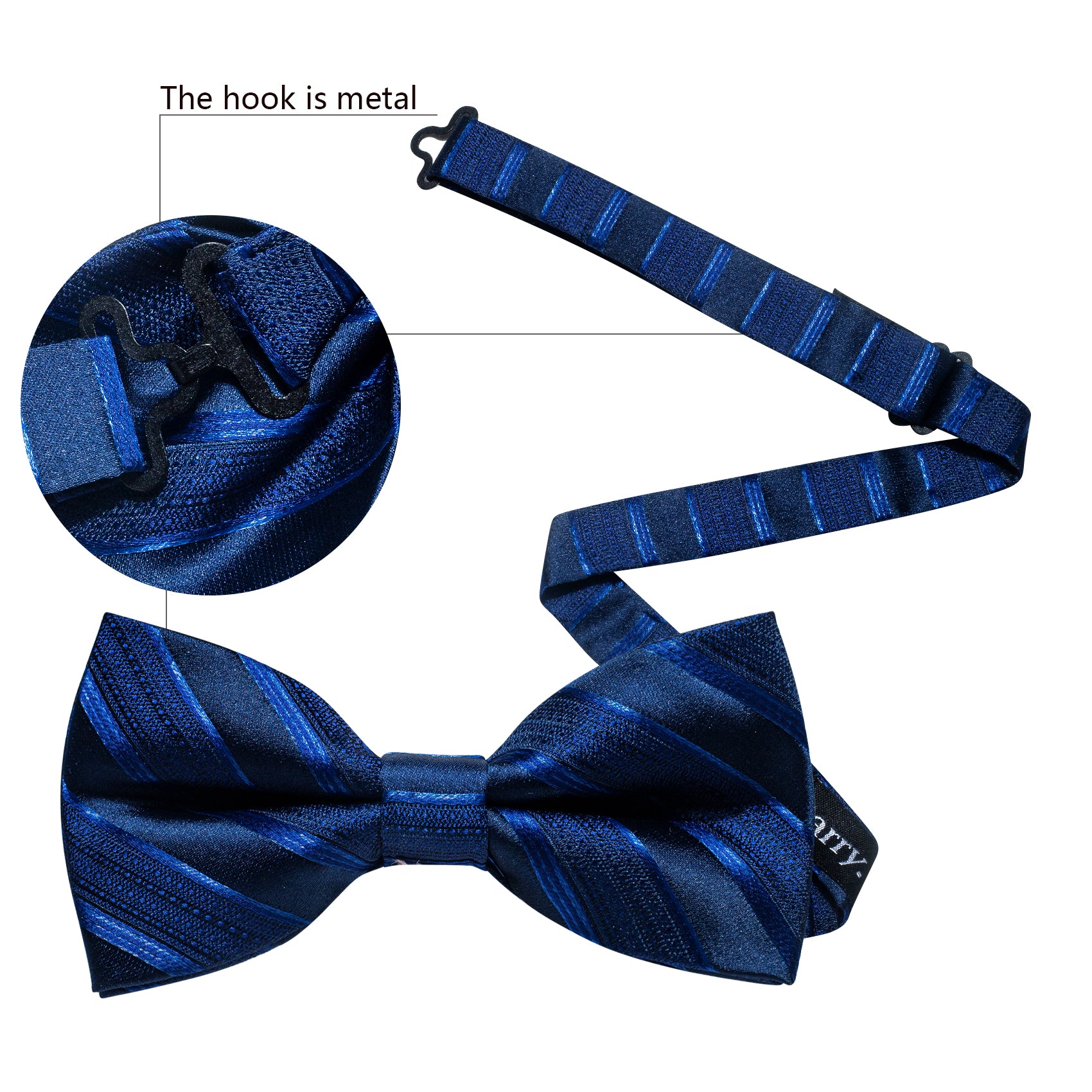 Blue Black Striped Silk Pre-tied Bow Tie Hanky Cufflinks Set