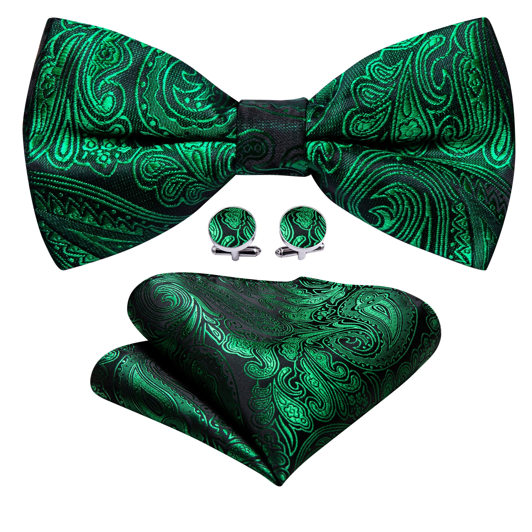 Green Paisley Silk Pre-tied Bow Tie Hanky Cufflinks Set