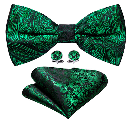 Barry. Wang Emerald Green Bow Tie Paisley Silk Pre-tied Jacquard Bow Tie Pocket Square Cufflinks Set