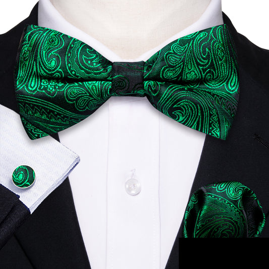 Barry. Wang Emerald Green Bow Tie Paisley Silk Pre-tied Jacquard Bow Tie Pocket Square Cufflinks Set