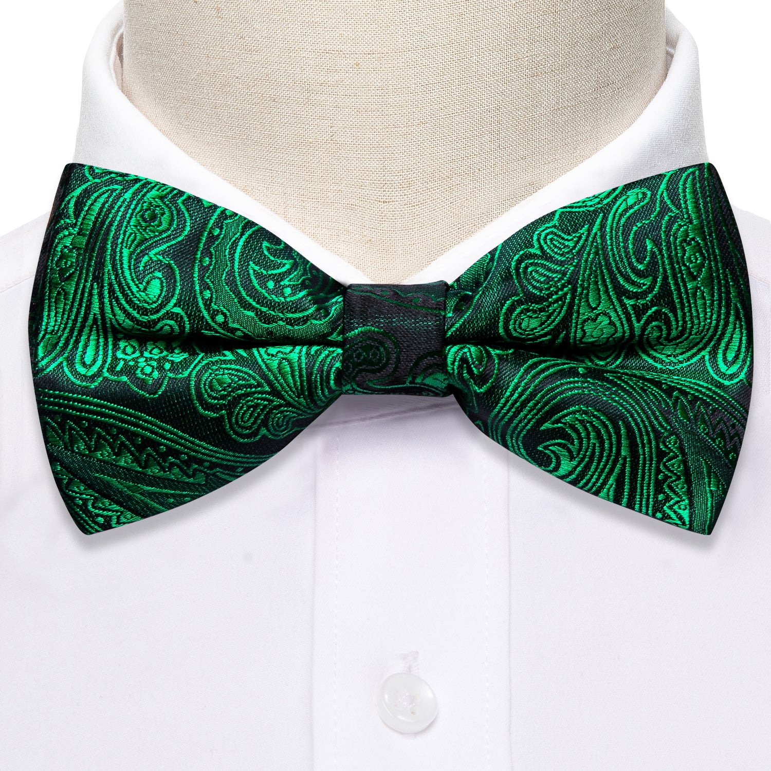 Green Paisley Silk Pre-tied Bow Tie Hanky Cufflinks Set