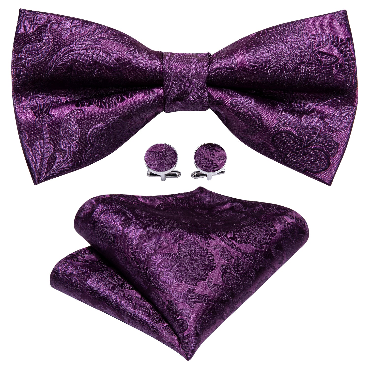 Purple Paisley Pre-tied Bow Tie Hanky Cufflinks Set