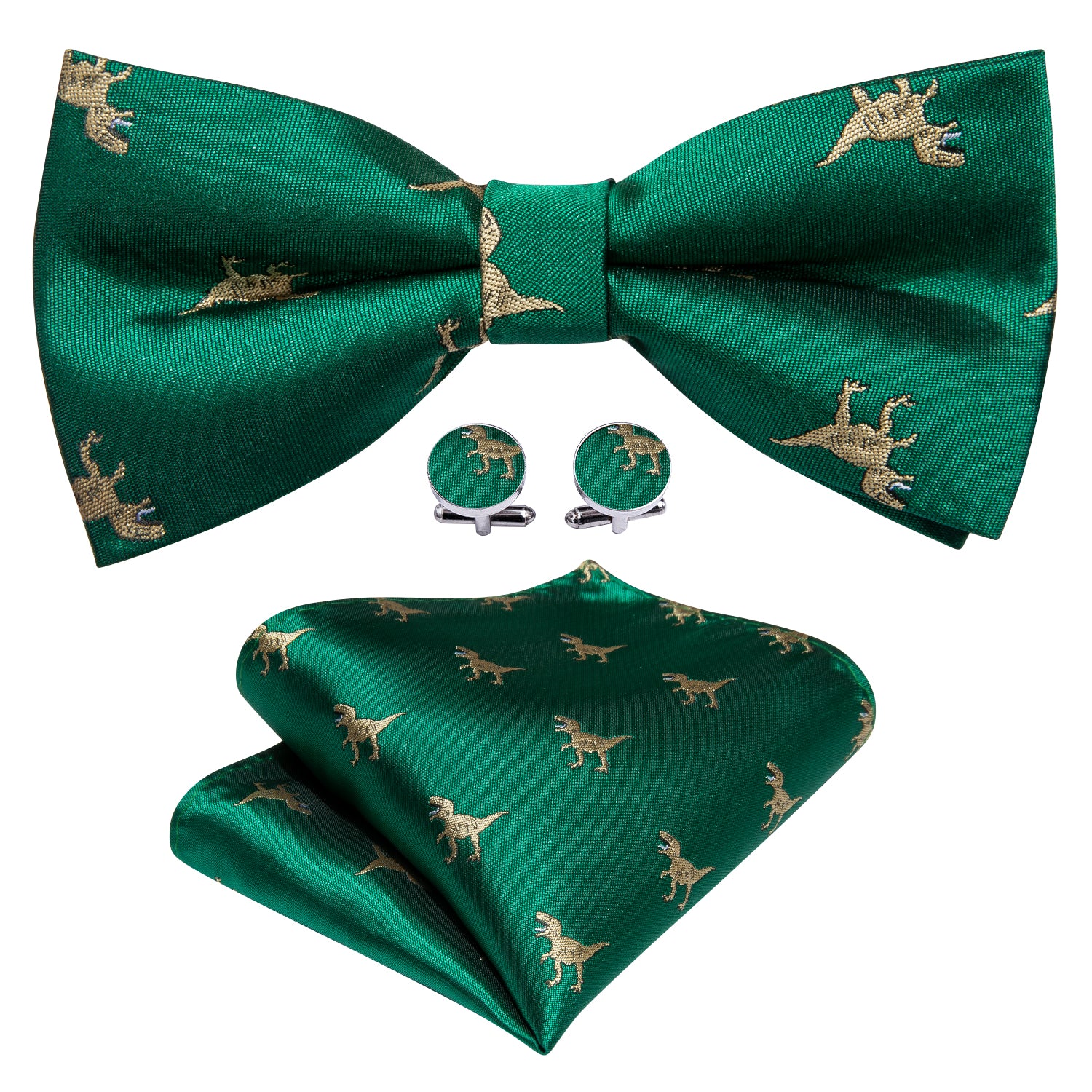 Green Dinosaur Pre-tied Bow Tie Hanky Cufflinks Set