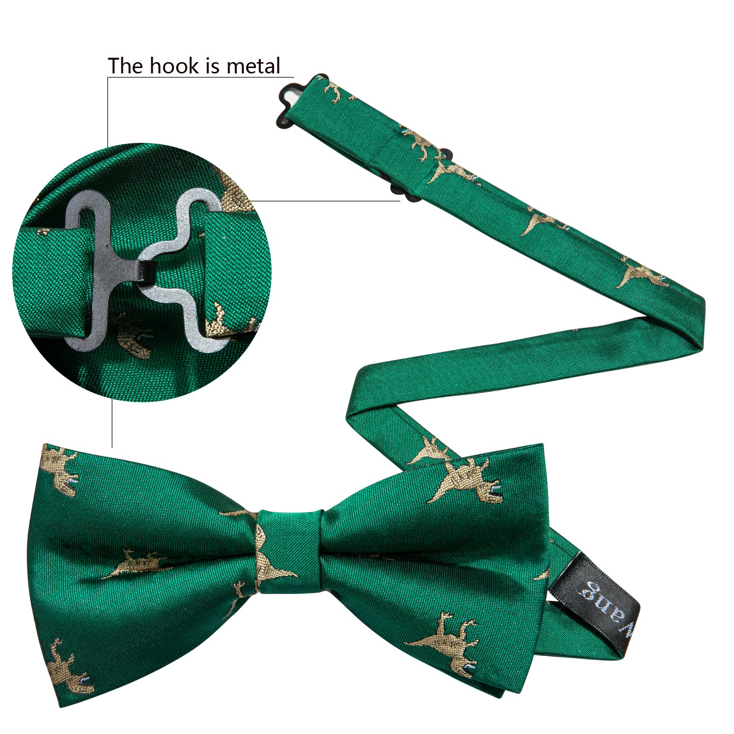 Green Dinosaur Pre-tied Bow Tie Hanky Cufflinks Set