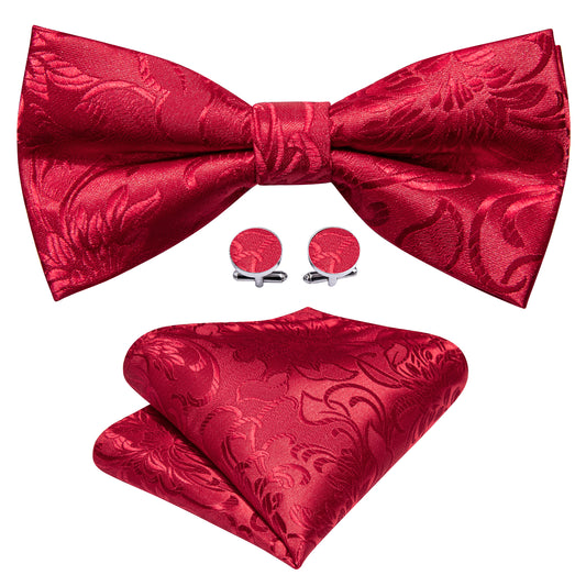 Barry. Wang Red Paisley Bow Tie Hanky Cufflinks Set Jacquard Formal Pre-tied Wedding Party Bow Tie