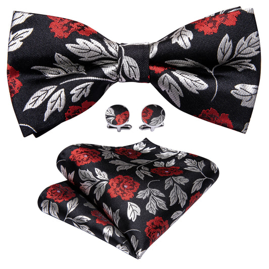 Black Silver Paisley Pre-tied Bow Tie Hanky Cufflinks Set