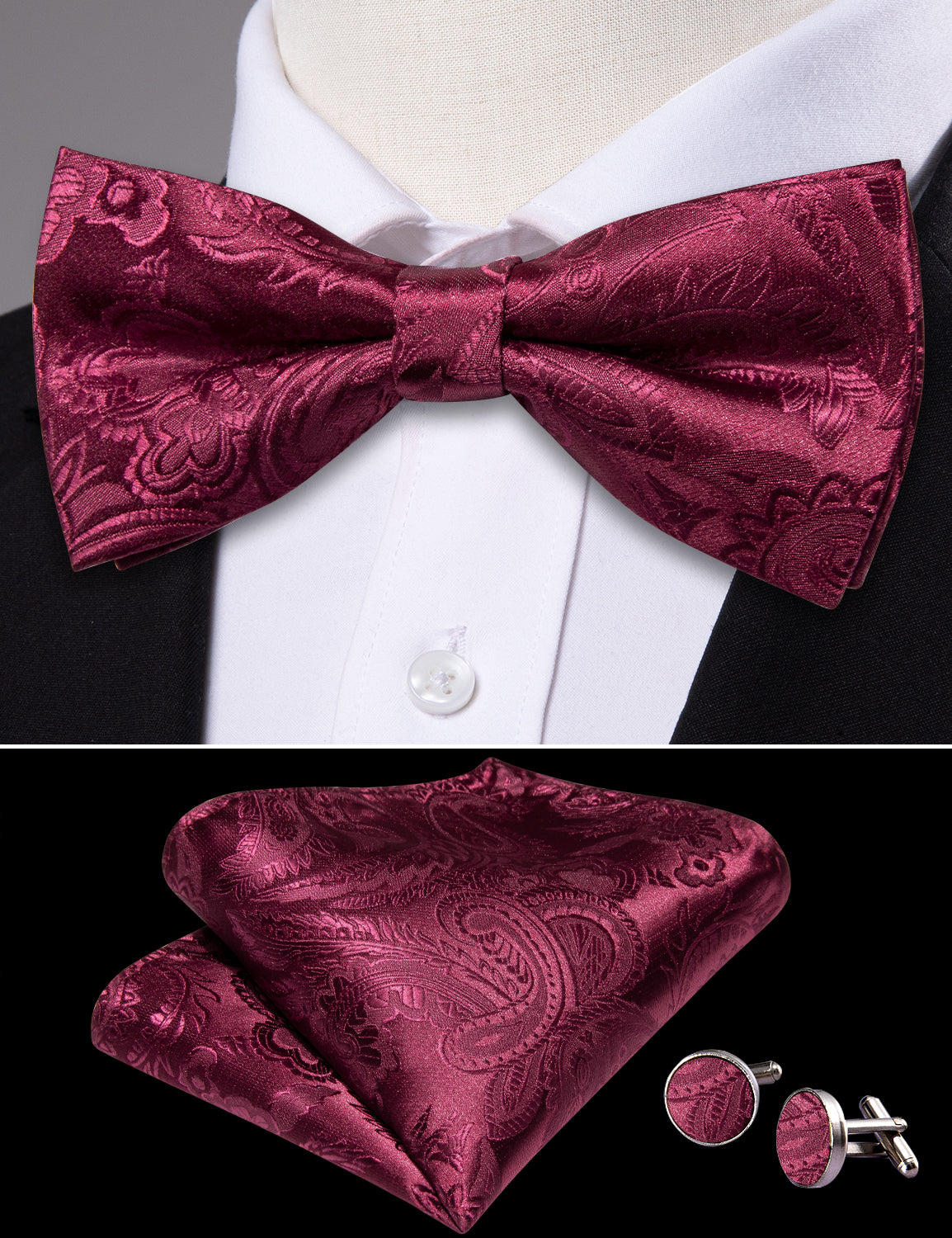 Barry.wang Floral Tie Red Wine Paisley Pre-tied Bow Tie Hanky Cufflinks Set