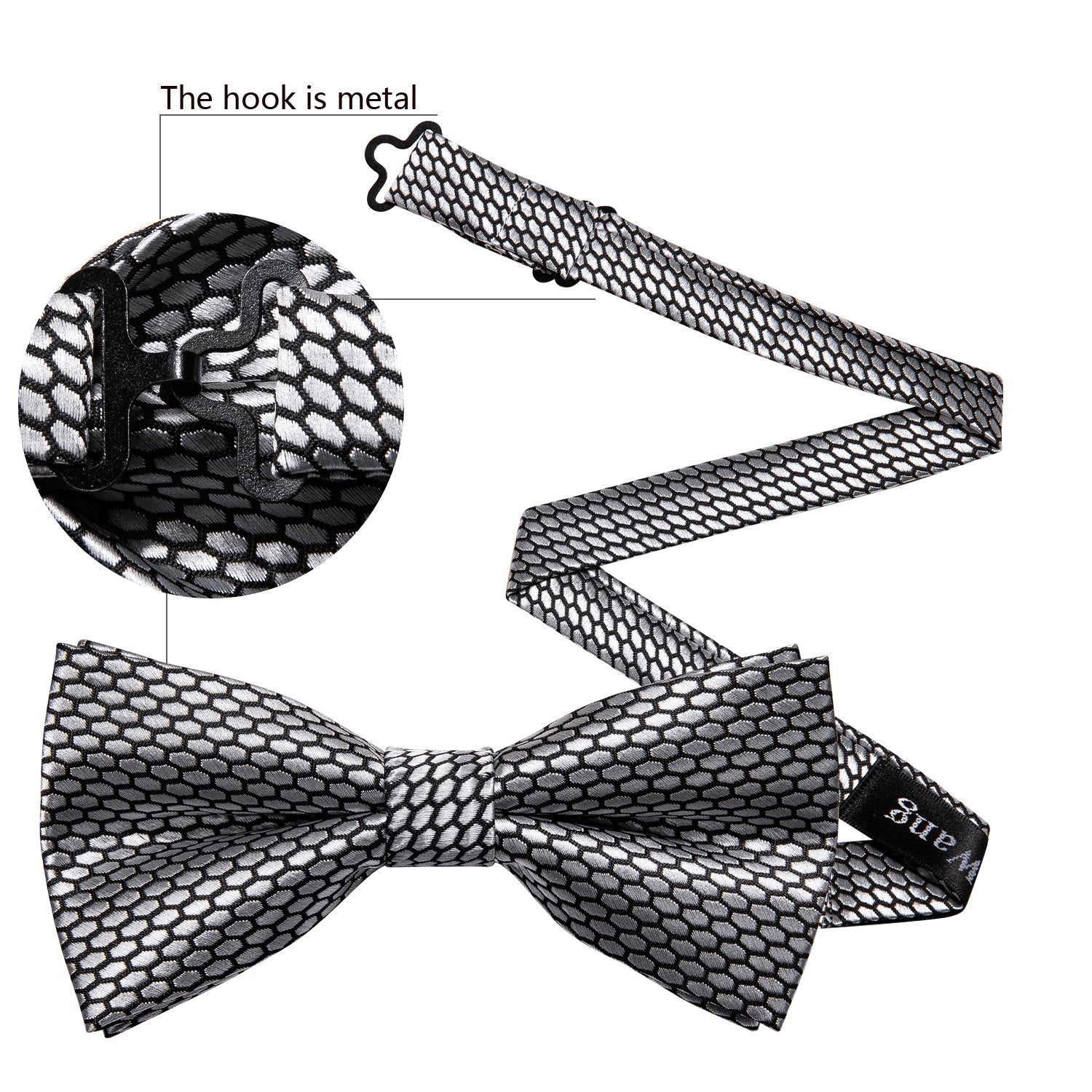 Grey Geometry Pre-tied Bow Tie Hanky Cufflinks Set