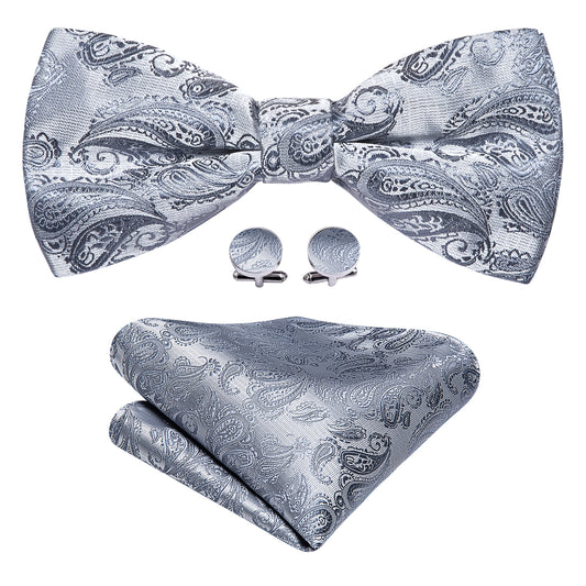 Barry. Wang Silver Bowtie for Wedding Adjustable Paisley Silk Pre-tied Bow Tie Hanky Cufflinks Set