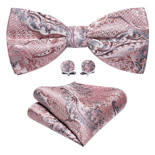 Barry. Wang Rose Gold Bowtie Set for Wedding Jacquard Pre-tied Silk Bow Tie Pocket Square Cufflinks Set