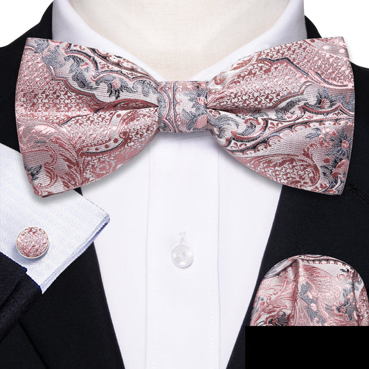 Barry. Wang Rose Gold Bowtie Set for Wedding Jacquard Pre-tied Silk Bow Tie Pocket Square Cufflinks Set
