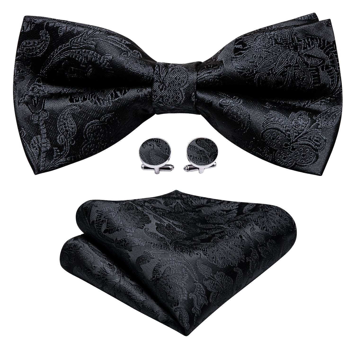 Black Neck Tie Paisley Pre-tied Bow Tie Hanky Cufflinks Set